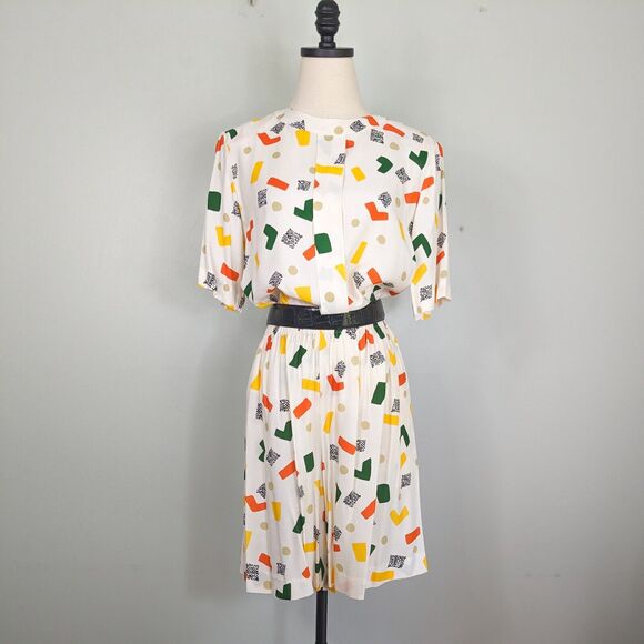Vintage 80S 90S Top Shorts Set Geometric Multicolor Funky Bermuda Work Cream 10 - Picture 1 of 13